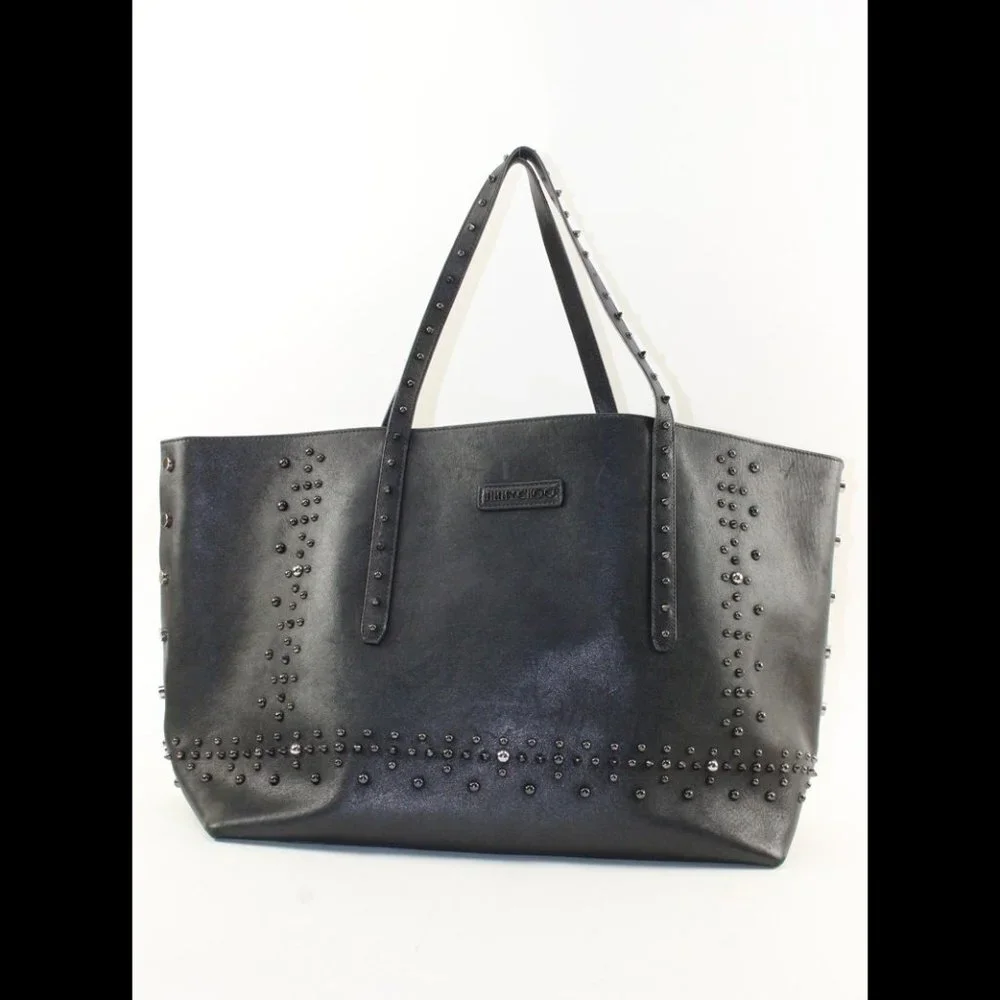 JIMMY CHOO Black Leather Studded Tote Spike Grommet Rivet 4JC1220K